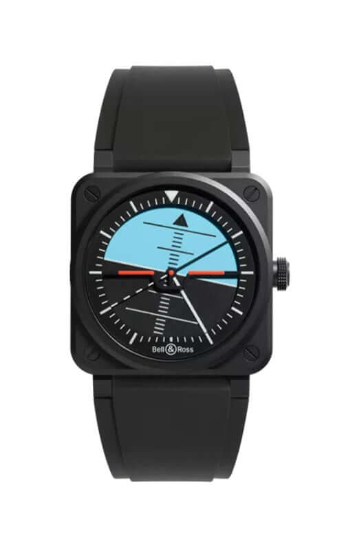 Black watch with a unique face design on a white background

Bell &amp; Ross BR-03 Horizon BR03A-HRZ-CE/SRB Bandiera Jewellers