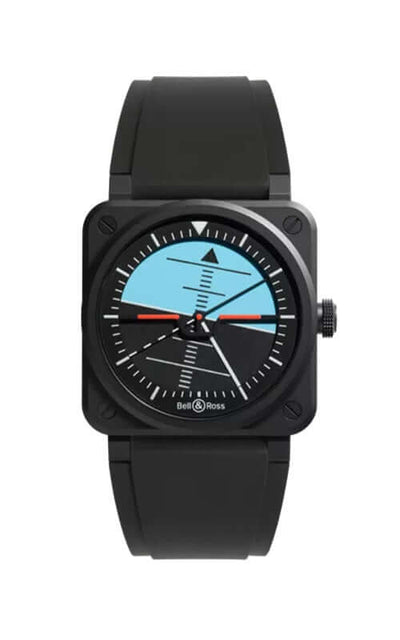 Black watch with a unique face design on a white background

Bell & Ross BR-03 Horizon BR03A-HRZ-CE/SRB Bandiera Jewellers