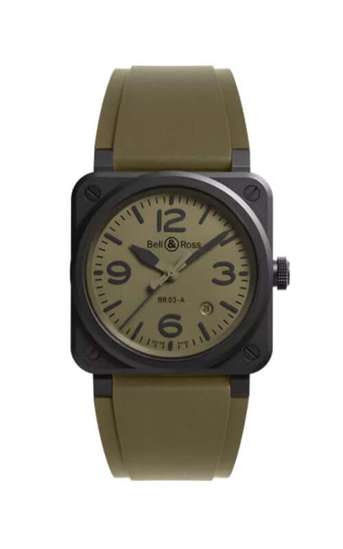 Green watch with a beige face on a white background

Bell &amp; Ross BR-03 Military Ceramic BR03A-MIL-CE/SRB Bandiera Jewellers