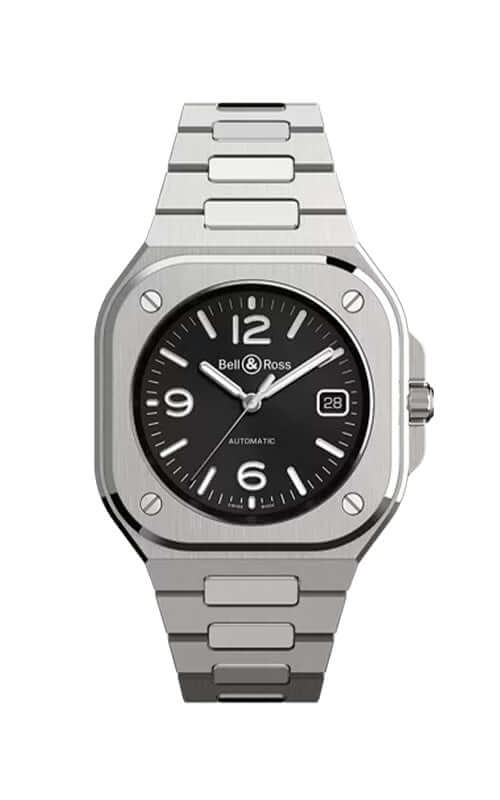 Silver watch with black dial on a white background

Bell & Ross BR-05 Black Steel BR05A-BL-ST/SST Bandiera Jewellers