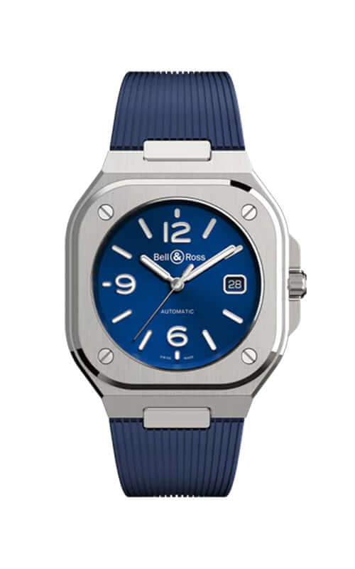 Watch with blue face and strap on a white background

Bell &amp; Ross BR-05 Blue Steel BR05A-BLU-ST/SRB Bandiera Jewellers
