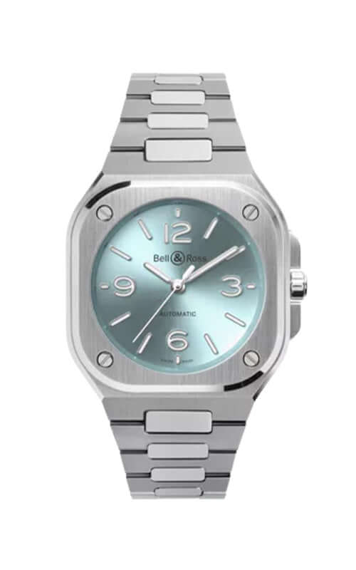 Silver watch with a light blue face on a white background

Bell &amp; Ross BR-05 36mm Ice Blue Steel BR05A-S-BU-ST/SST Bandiera Jewellers