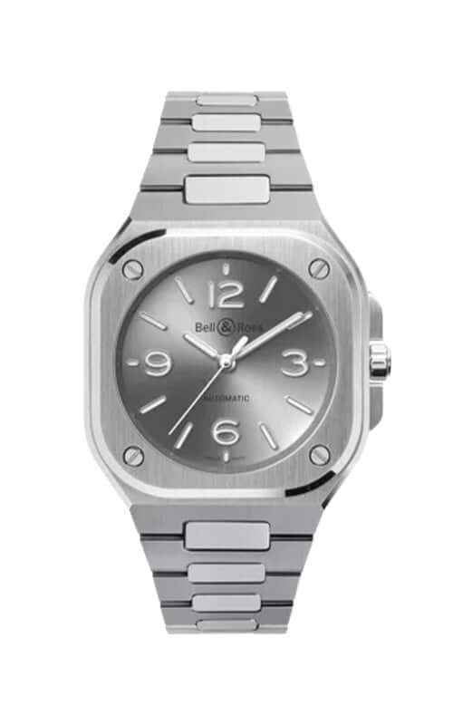 Silver watch with a metallic band on a white background

Bell &amp; Ross BR-05 36mm Grey Steel BR05A-S-GR-ST/SST Bandiera Jewellers