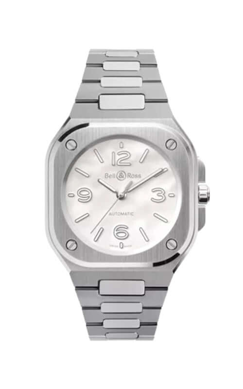 Silver watch with a white face on a white background

Bell & Ross BR-05 36mm Mother of Pearl Steel BR05A-S-MP-ST/SST Bandiera Jewellers