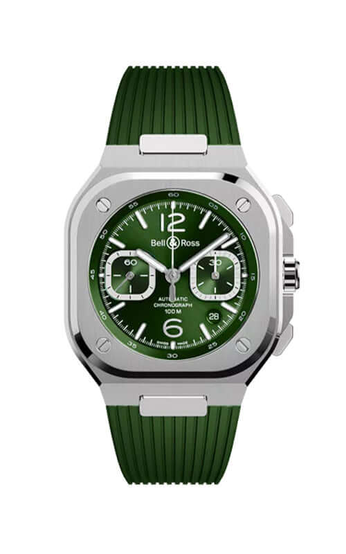 Green watch with silver case on a white background

Bell & Ross BR-05 Chrono Green Steel BR05C-GN-ST/SRB Bandiera Jewellers