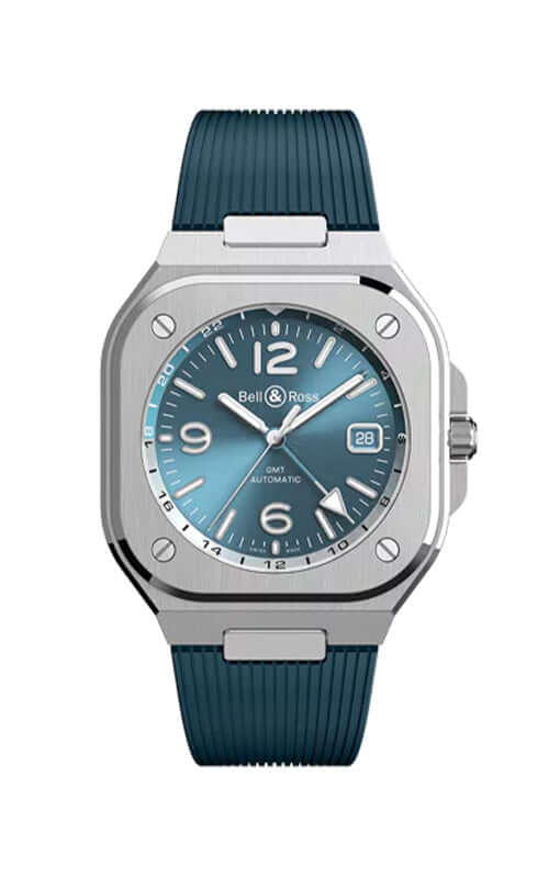 Watch with blue strap and blue dial on a white background

Bell &amp; Ross BR-05 GMT Sky Blue BR05G-PB-ST/SRB Bandiera Jewellers