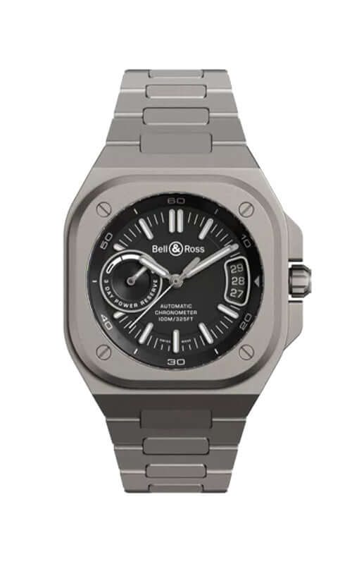 Silver watch with black dial on a white background

Bell & Ross BR-X5 Black Titanium BRX5R-BL-TI/STI Bandiera Jewellers