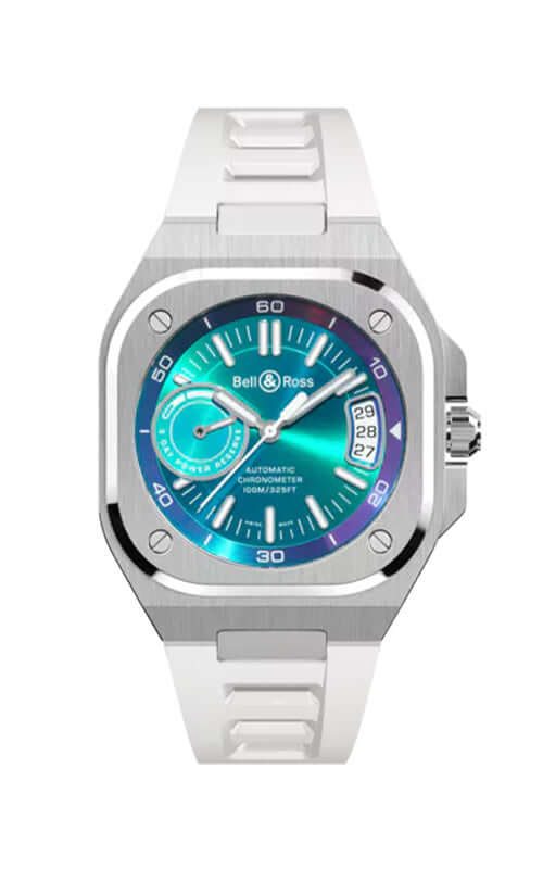 Silver watch with a blue face on a white background

Bell & Ross BR-X5 Iridescent BRX5R-IRS-ST/SRB Bandiera Jewellers