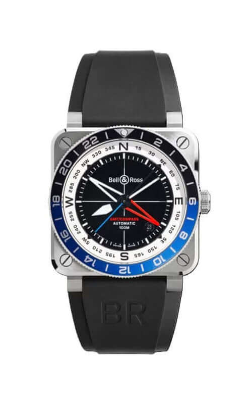 Bell & Ross watch with black strap and colorful face on a white background

Bell & Ross BR-03 GMT Compass BR0393-COM-ST/SRB | Bandiera Jewellers
