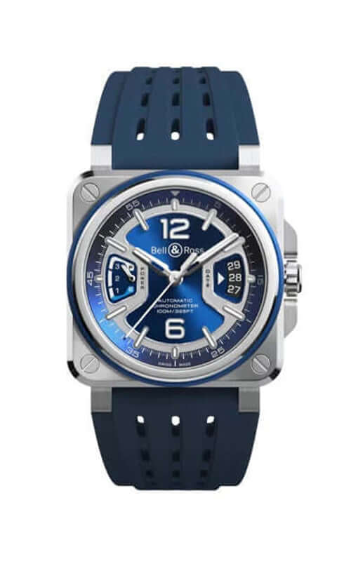 Blue watch with a blue strap on a white background

Bell &amp; Ross BR-X3 Blue Steel BRX3R-BLU-ST/SRB Bandiera Jewellers