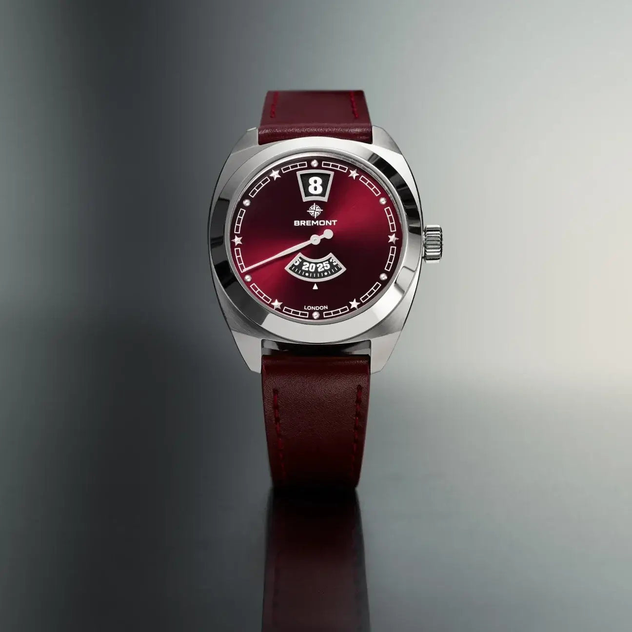 Bremont Terra Nova 35mm Jumping Hour Burgundy Leather Strap TN35-JH-SS-BG-L-S Bandiera Jewellers
