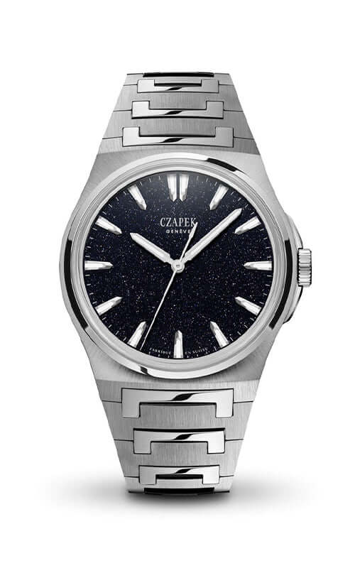 Silver watch with black face on a white background

Czapek & Cie Antarctique Collection  Polar Sky Bandiera Jewellers