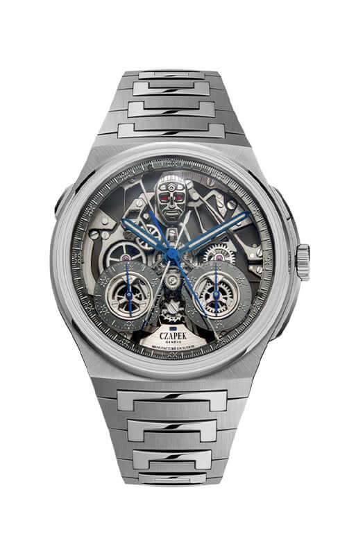 Silver watch with detailed face on a white background

Czapek & Cie Antarctique Chronograph Rattrapante R.U.R. Bandiera Jewellers