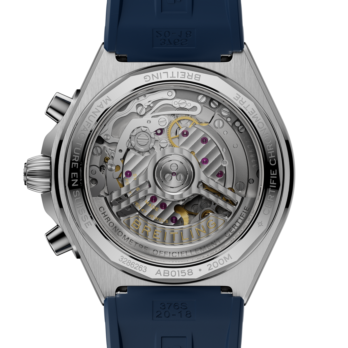 Close-up of a Breitling watch with visible mechanical components on a white background

Breitling Chronomat B01 42 AB0158101C1S1 Bandiera Jewellers