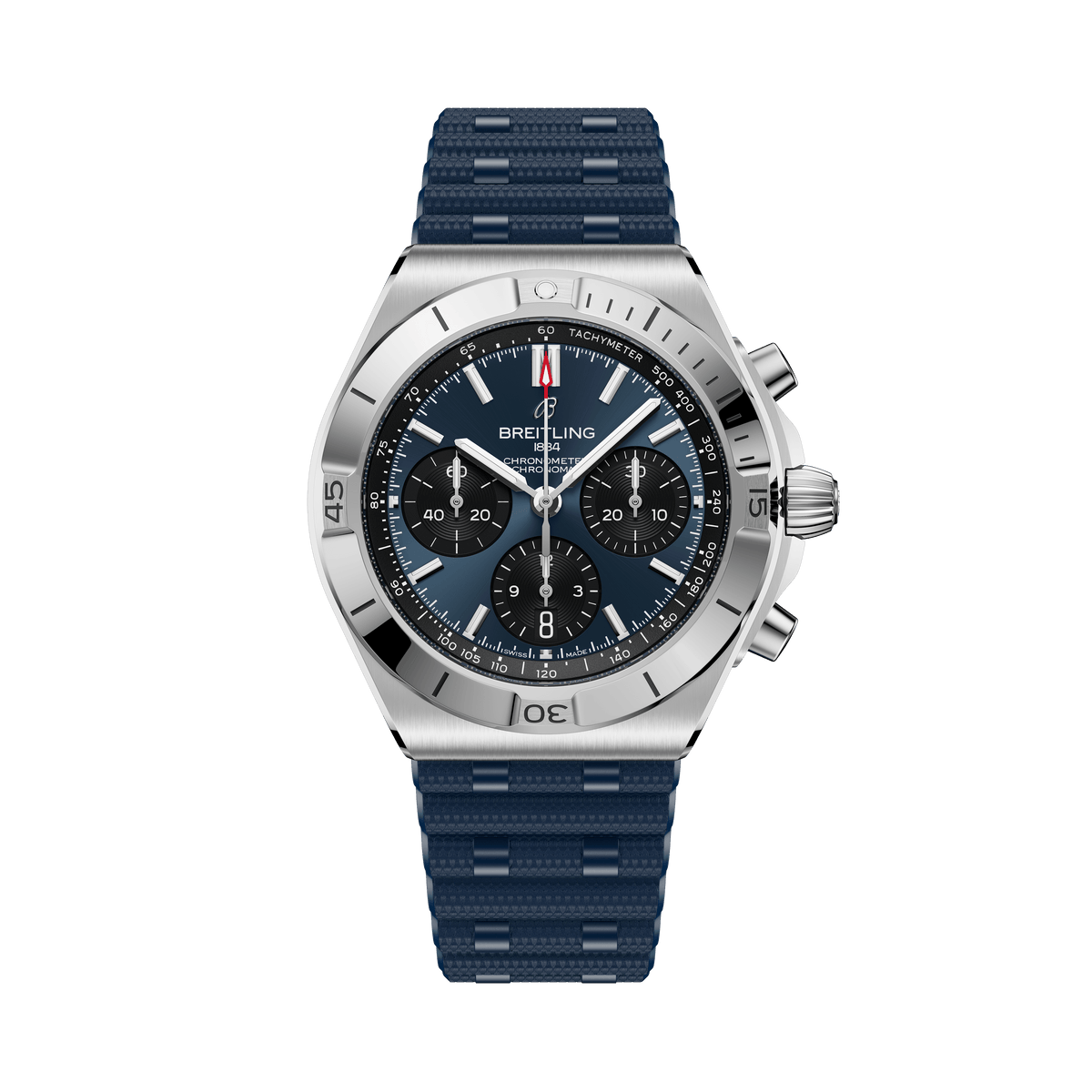 Breitling watch with blue strap and blue dial on a white background

Breitling Chronomat B01 42 AB0158101C1S1 Bandiera Jewellers