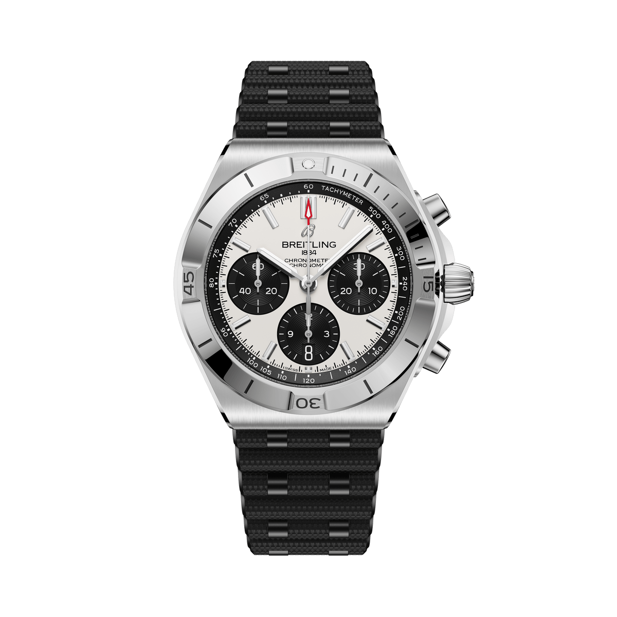 Breitling watch with black strap and silver case on a white background

Breitling Chronomat B01 42 AB0158101A1S1 Bandiera Jewellers