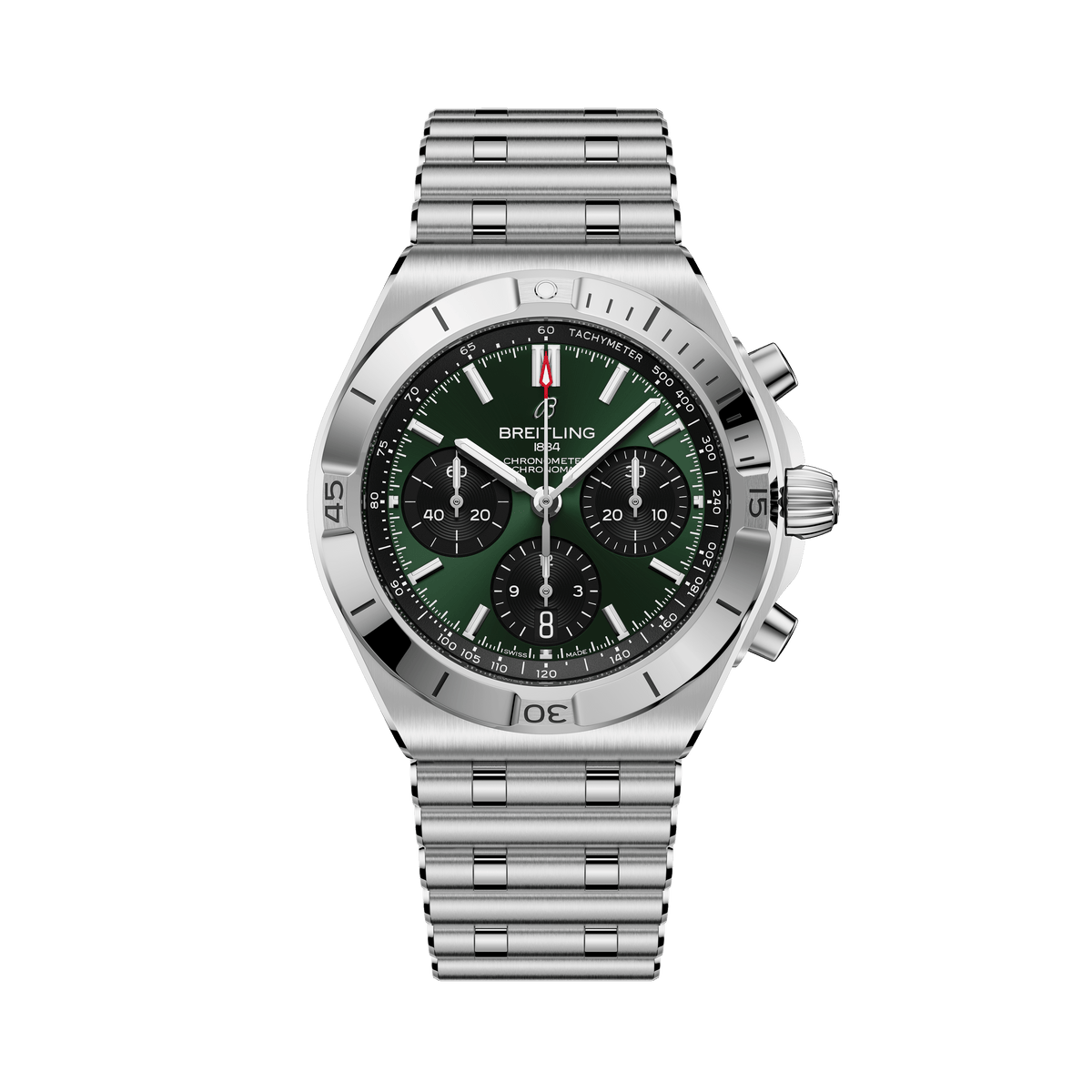 Silver Breitling watch with a green face on a white background

Breitling Chronomat B01 42 AB0158101L1A1 Bandiera Jewellers