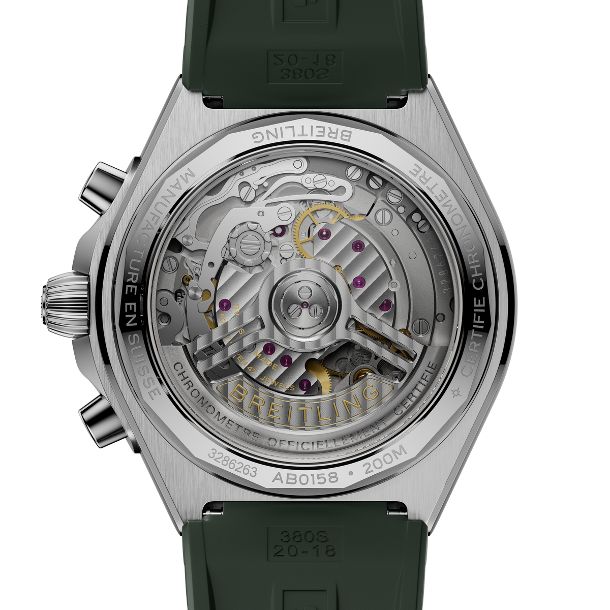 Close-up of a Breitling watch with visible mechanical components on a white background

Breitling Chronomat B01 42 AB0158101L1S1 Bandiera Jewellers