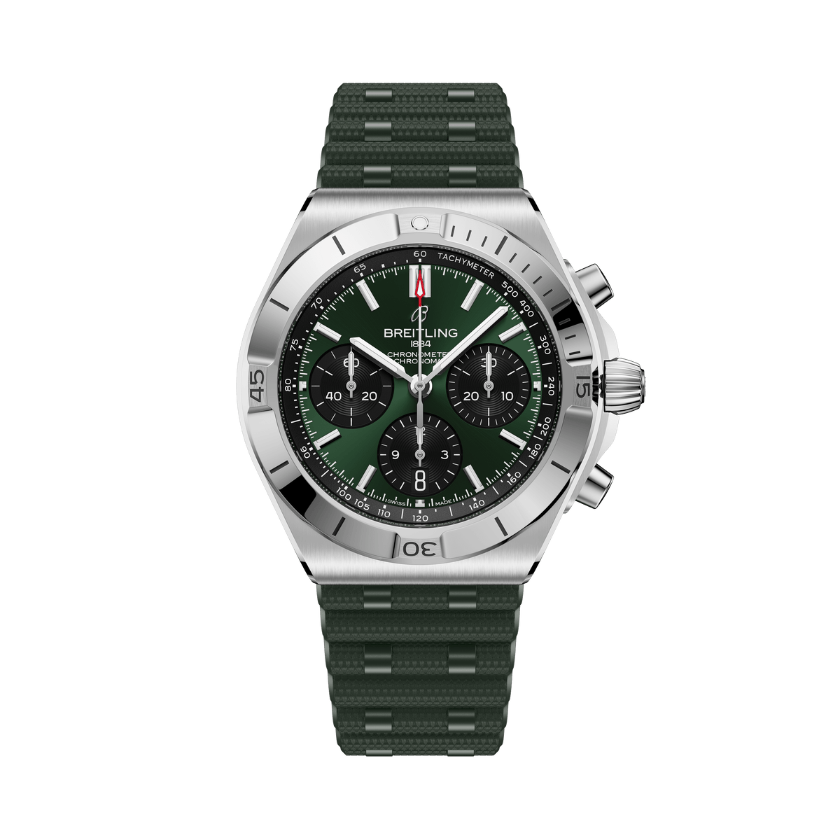 Breitling watch with green strap and dark green dial on a white background

Breitling Chronomat B01 42 AB0158101L1S1 Bandiera Jewellers
