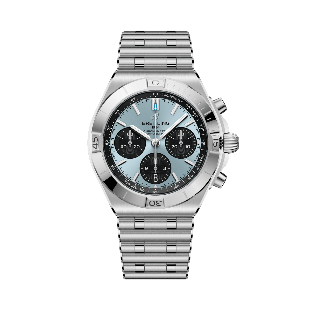 Silver Breitling watch with a detailed face on a white background

Breitling Chronomat B01 42 PB0158101C1A1 Bandiera Jewellers