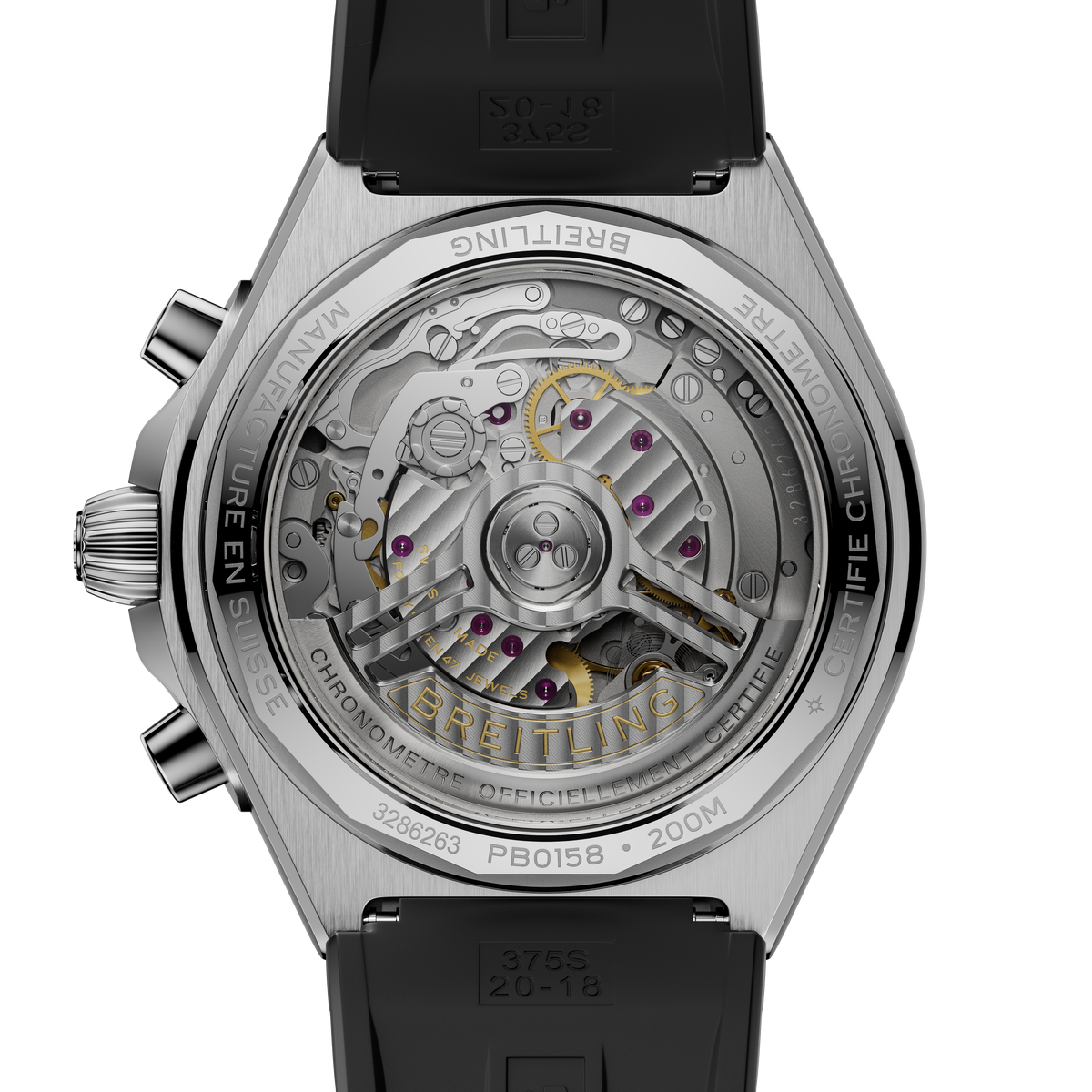 Close-up of a Breitling watch with visible mechanical components on a white background

Breitling Chronomat B01 42 PB0158101C1S1 Bandiera Jewellers