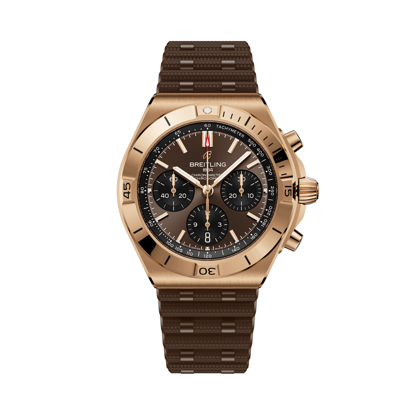 Breitling watch with brown strap and rose gold case on a white background

Breitling Chronomat B01 42 RB0158101Q1S