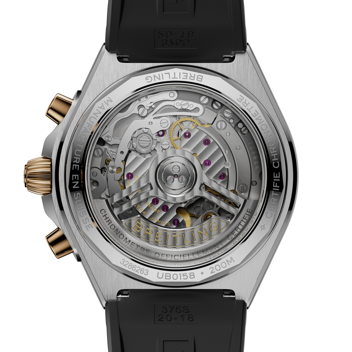 Close-up of a Breitling watch with visible mechanical components on a white background

Breitling Chronomat B01 42 UB0158101B1 Bandiera Jewellers