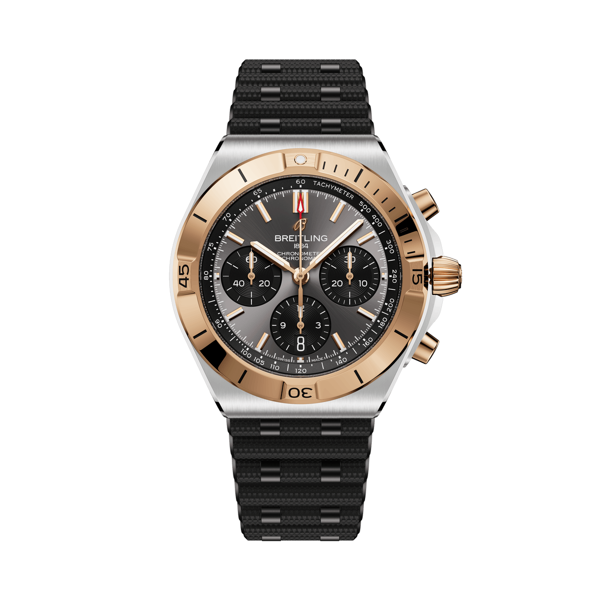 Luxury watch with black strap and gold accents on a white background

Breitling Chronomat B01 42 UB0158101B1 Bandiera Jewellers