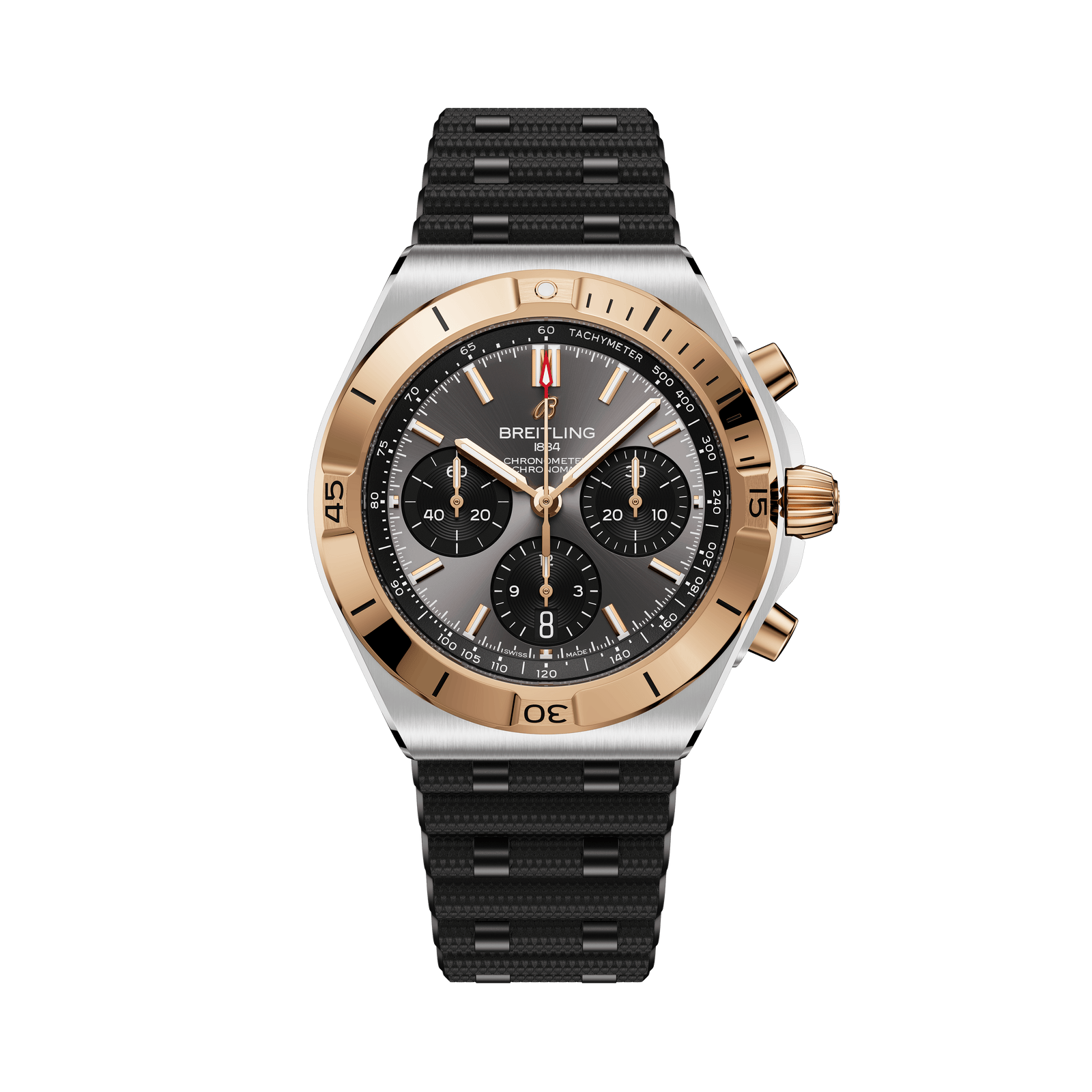 Luxury watch with black strap and gold accents on a white background

Breitling Chronomat B01 42 UB0158101B1 Bandiera Jewellers