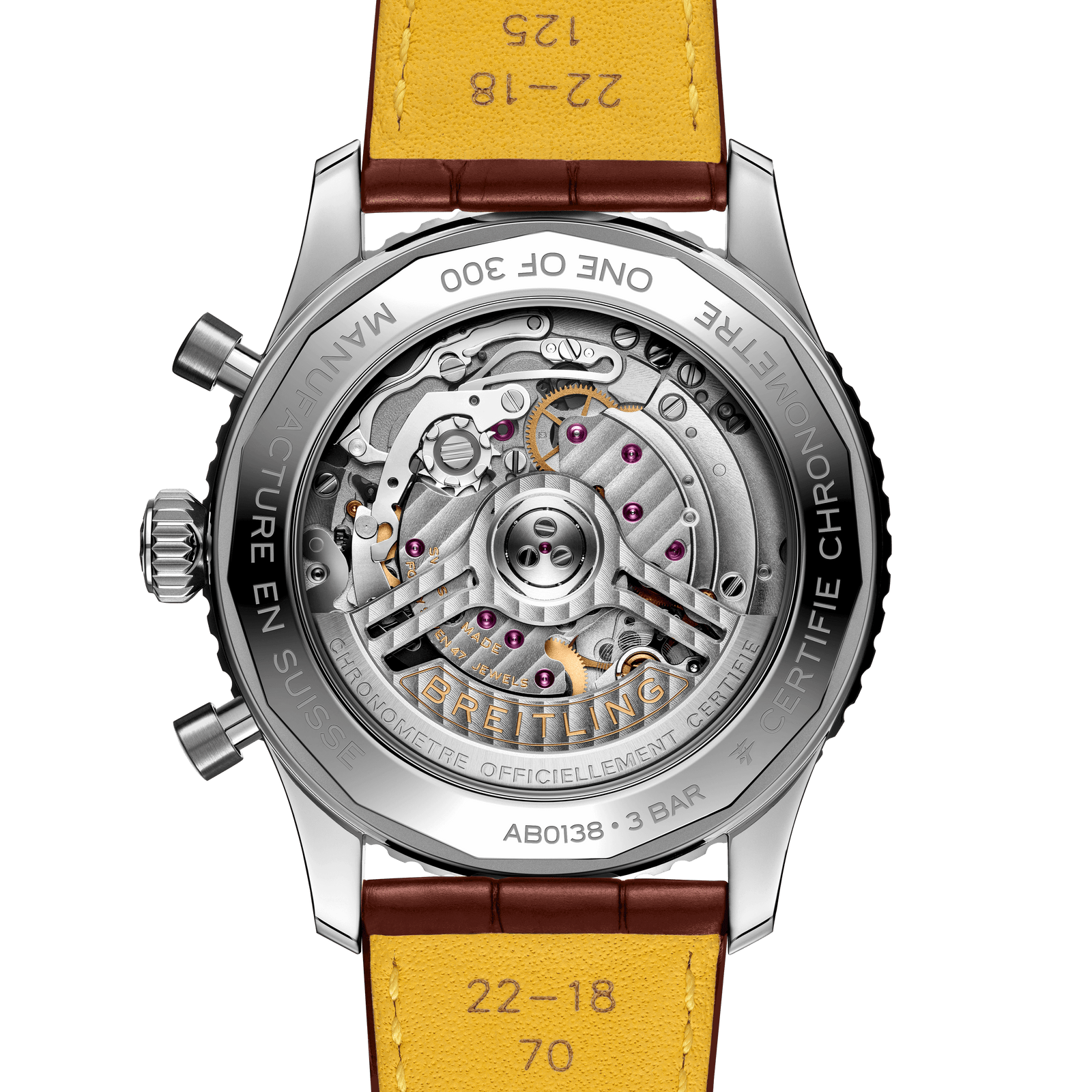 Breitling watch with brown leather strap on a white background

Breitling Navitimer B01 Chronograph 43 North America Limited AB01381E1G1P1 Bandiera Jewellers