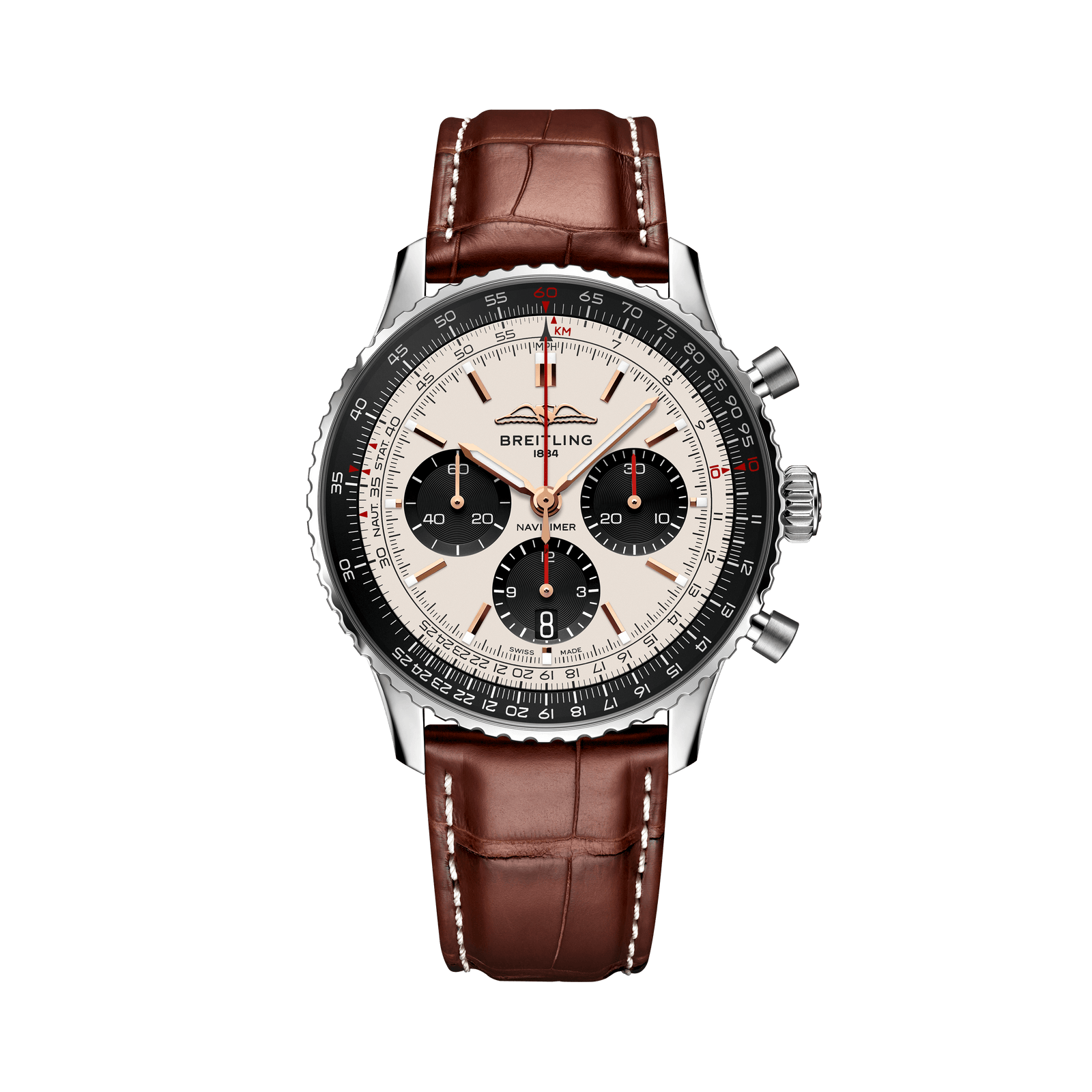 Breitling watch with brown leather strap on a white background

Breitling Navitimer B01 Chronograph 43 North America Limited AB01381E1G1P1 Bandiera Jewellers