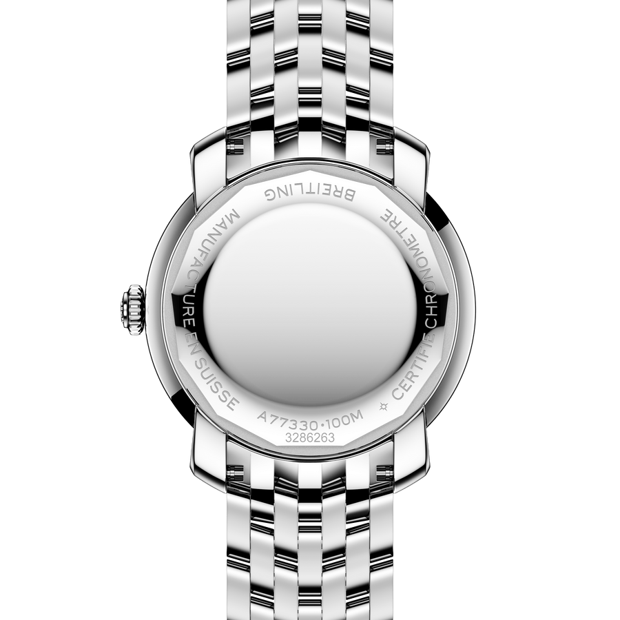 Silver Breitling watch with a white face on a white background

Breitling Lady Premier 32 A77330121A2 Bandiera Jewellers