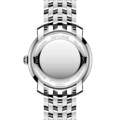Silver watch with detailed branding on a white background

Breitling Lady Premier 32 A77330671B1A1 Bandiera Jewellers