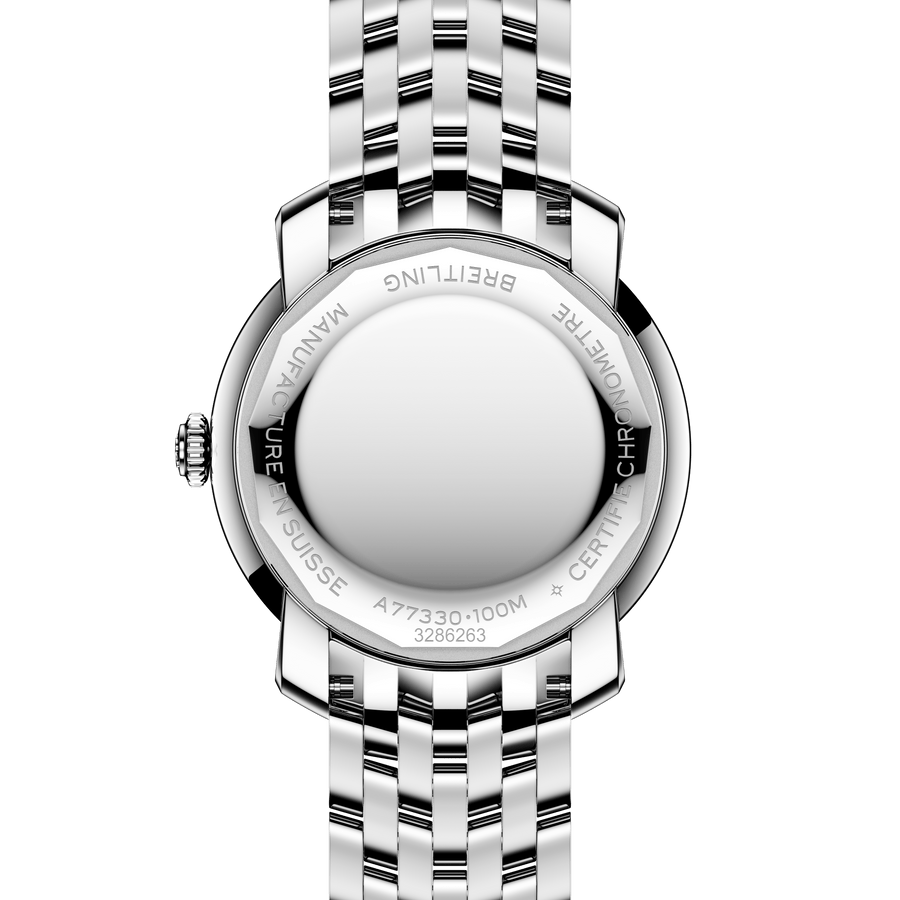 Luxury Breitling watch with black dial and silver bracelet on a white background

Breitling Lady Premier 32 A77330671B1A1 Bandiera Jewellers