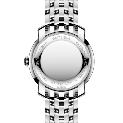Silver watch with detailed branding on a white background

Breitling Lady Premier 32 A77330671C1A1 Bandiera Jewellers