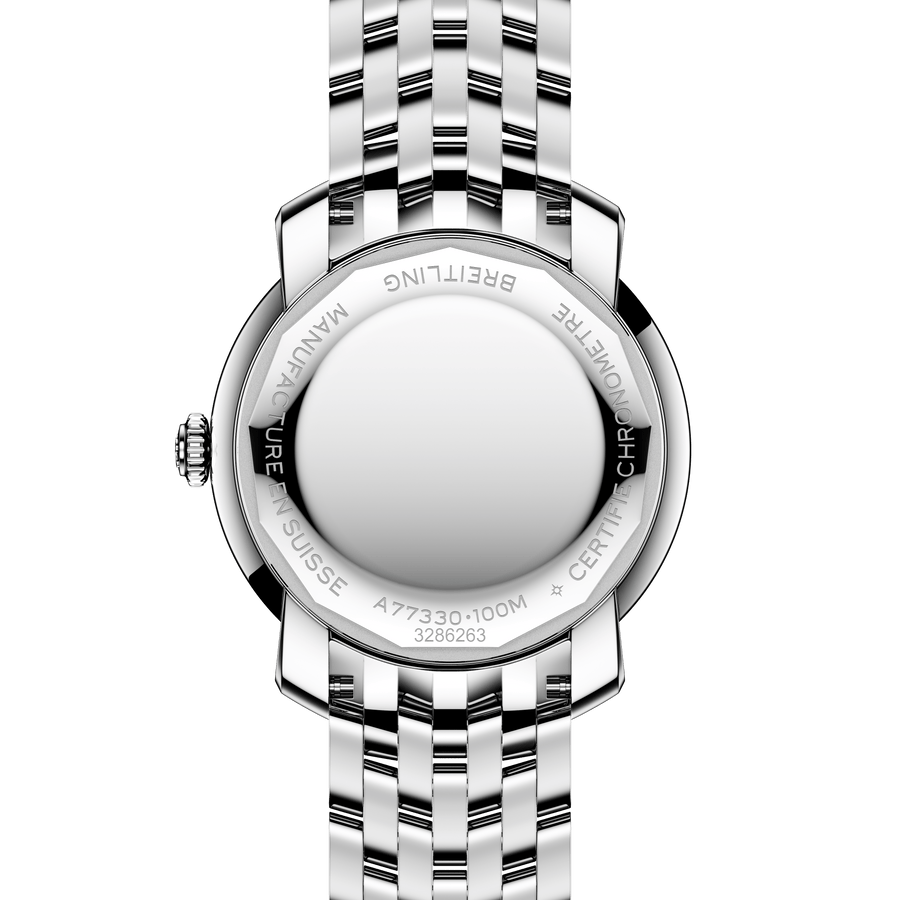 Silver watch with a blue face on a white background

Breitling Lady Premier 32 A77330671C1A1 Bandiera Jewellers