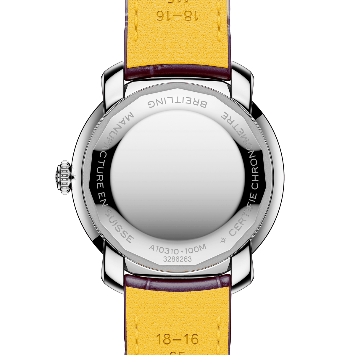 Watch with a yellow strap and silver case on a white background

Breitling Lady Premier 36 A1031012101P1 Bandiera Jewellers