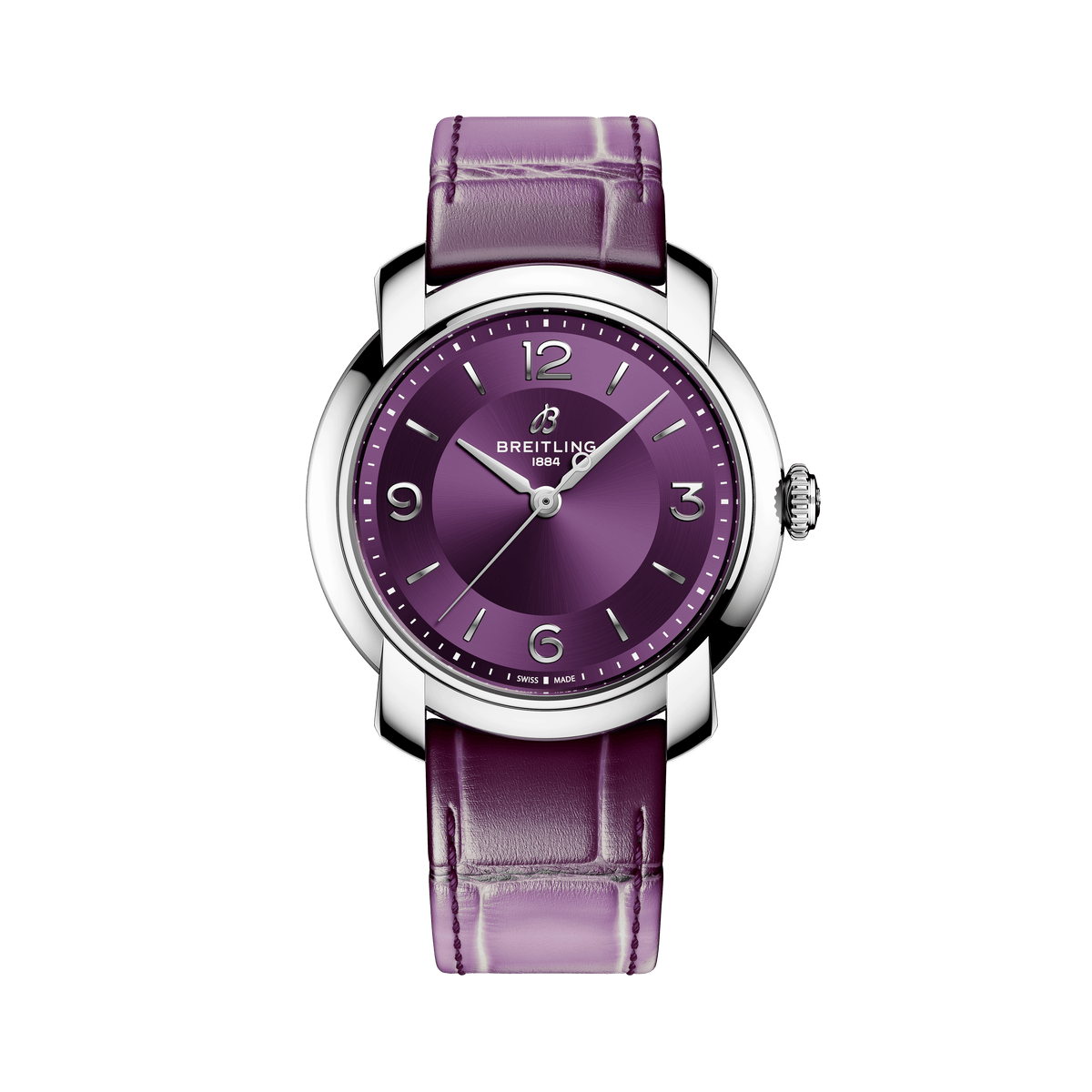 Purple watch with silver case on a white background

Breitling Lady Premier 36 A1031012101P1 Bandiera Jewellers