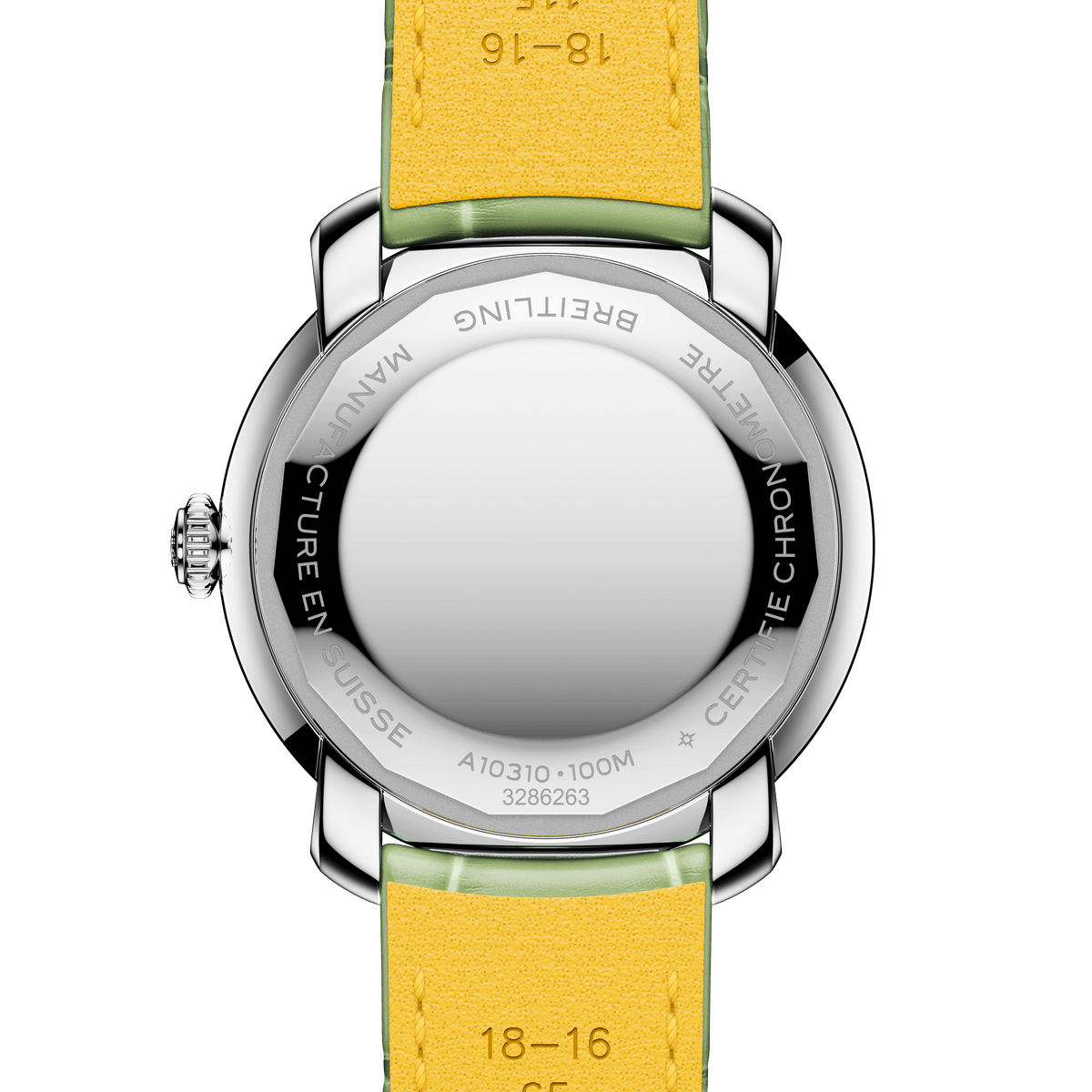 Watch with a yellow strap and silver case on a white background

Breitling Lady Premier 36 A10310671L1P1 Bandiera Jewellers