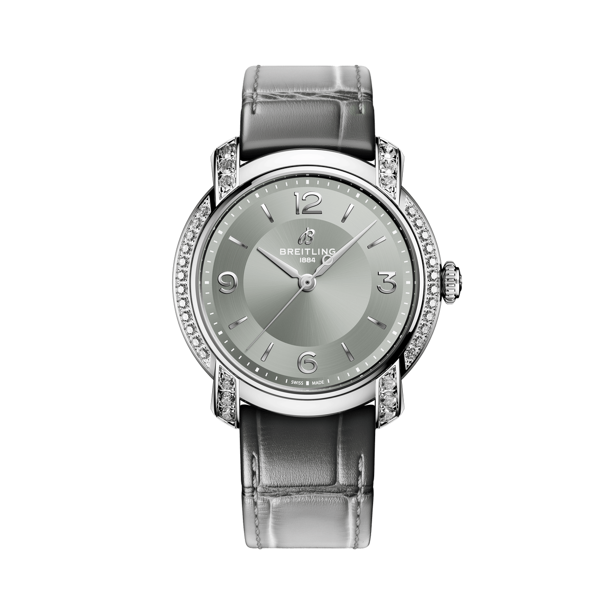 Silver Breitling watch with a gray strap on a white background

Breitling Lady Premier 36 A10310671M1P1 Bandiera Jewellers