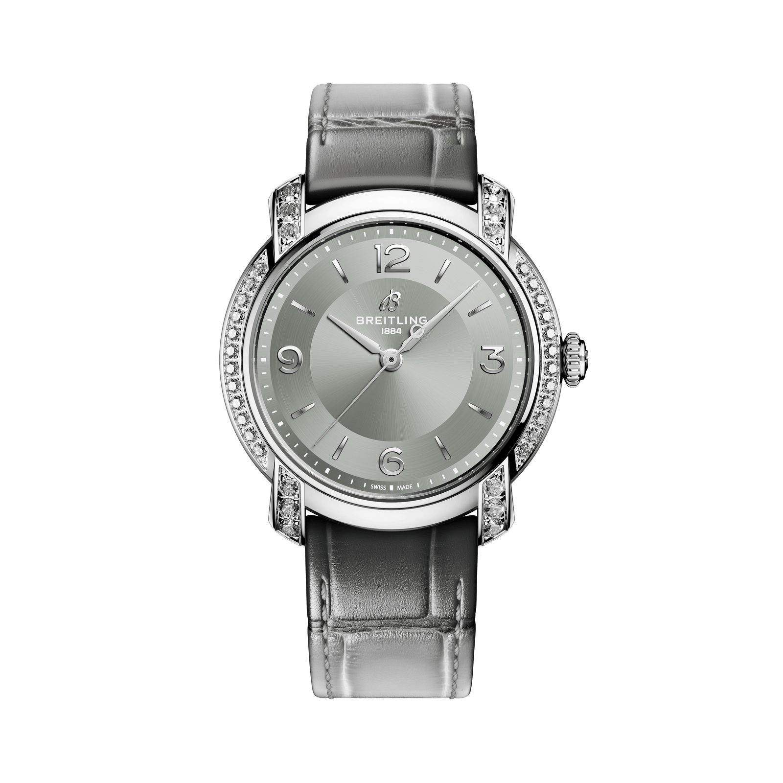 Silver Breitling watch with a gray strap on a white background

Breitling Lady Premier 36 A10310671M1P1 Bandiera Jewellers