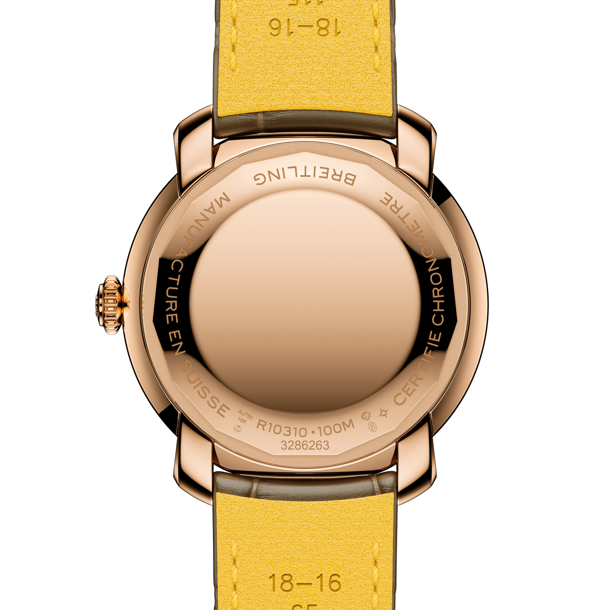 Close-up of a watch with a yellow strap and rose gold case on a white background

Breitling Lady Premier 36 R1031012101P1 Bandiera Jewellers