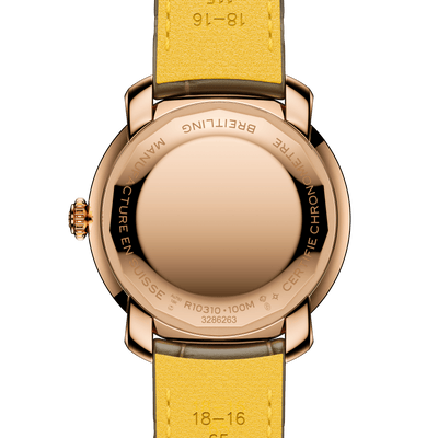 Close-up of a watch with a yellow strap and rose gold case on a white background

Breitling Lady Premier 36 R1031012101P1 Bandiera Jewellers