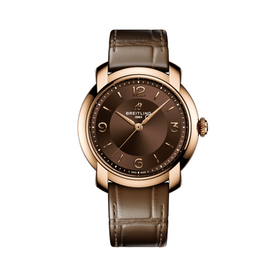 Brown Breitling watch with brown strap on white background

Breitling Lady Premier 36 R1031012101P1 Bandiera Jewellers