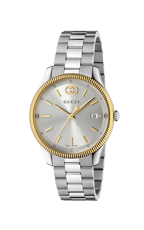 Gucci watch with silver and gold design on a white background

GUCCI G-TIMELESS Watch YA1264233 Bandiera Jewellers