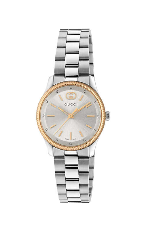 Gucci watch with silver and gold design on a white background

Gucci G-Timeless, Watch 29mm YA1265070 | Bandiera Jewellers Toronto
