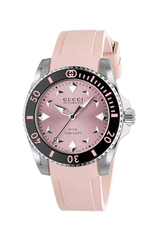 Pink Gucci watch with black dial on a white background

Gucci Dive Watch YA136408 | Bandiera Jewellers Toronto 