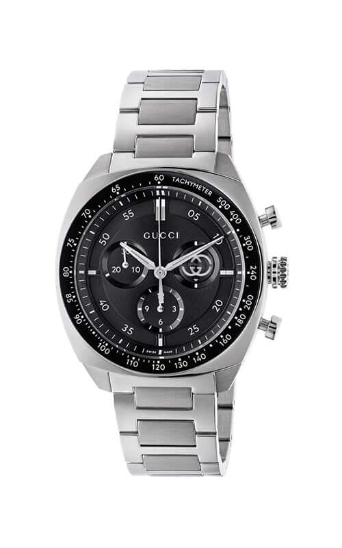 Gucci watch with black dial and silver metal strap on a white background

GUCCI Interlocking Watch 41mm YA142316 Bandiera Jewellers