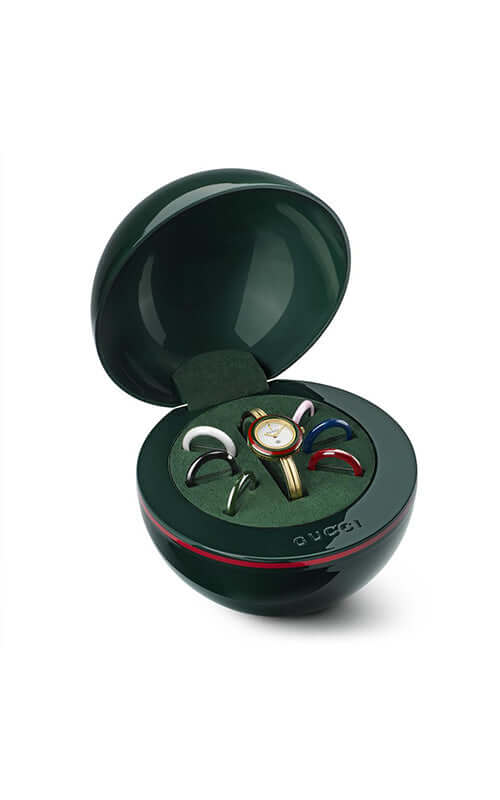 Open green jewelry box with three earrings on a white background

Gucci Play Watch YA151542 Bandiera Jewellers