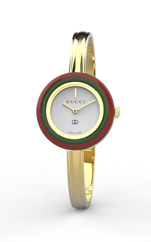Gucci watch with gold band and red and green bezel on a white background

Gucci Play Watch YA151542 Bandiera Jewellers